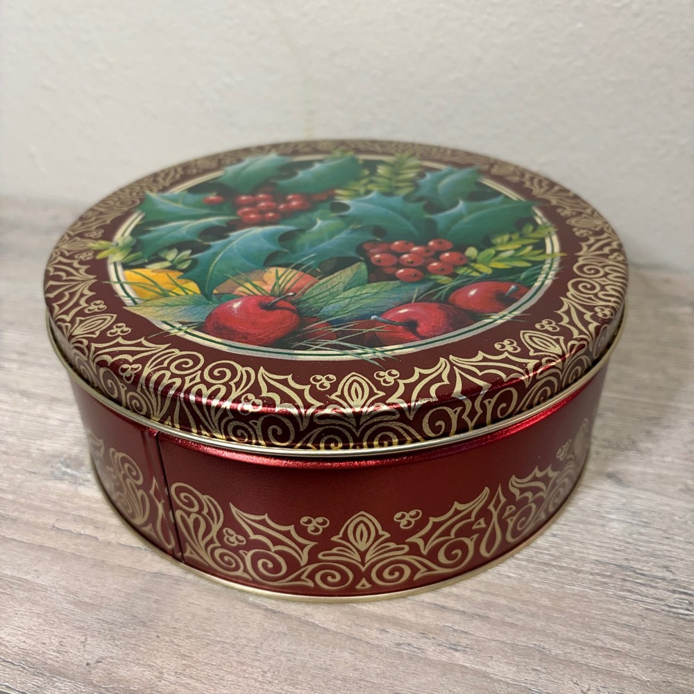 intage 2003 Christmas Cookie Tin Red Metallic Holly Berry Round Holiday Storage